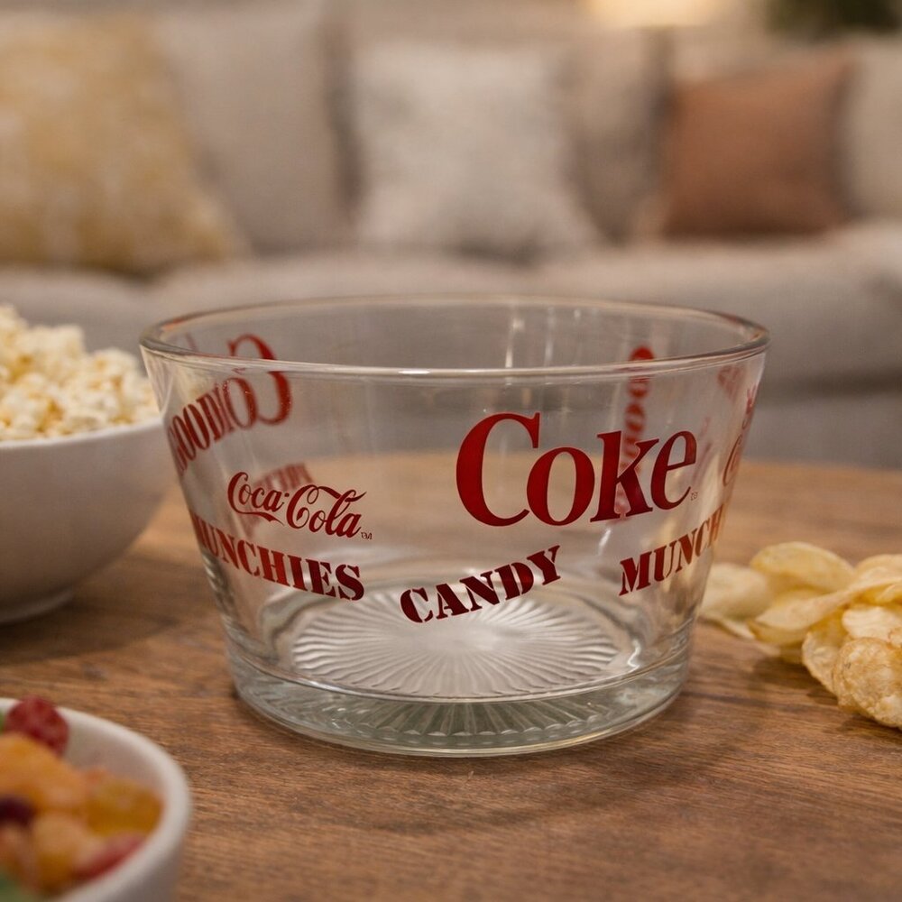 Vintage 1980s Coca Cola / Coke Clear Glass Snack Bowl with Red Logo